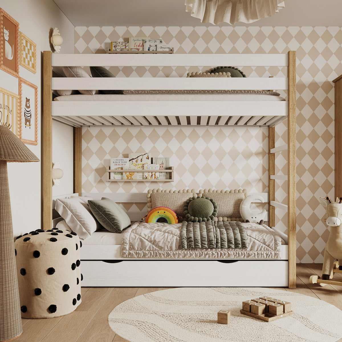 White and Oak Wooden Bunk Bed – Open Drawer, Spacious Storage Under the Bed