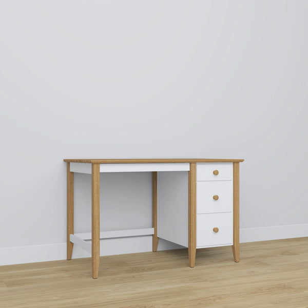 Desk 3S white with oak – wooden, compact tabletop, front view, Nizio