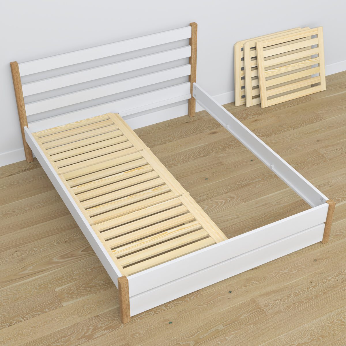 Double bed white with oak made of wood – dimensions and diagram, Nizio Home