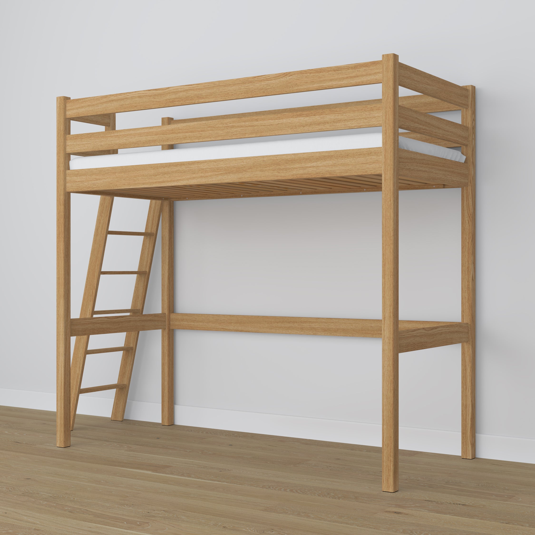 Loft bed natural oak in children’s room – scandi arrangement, oak