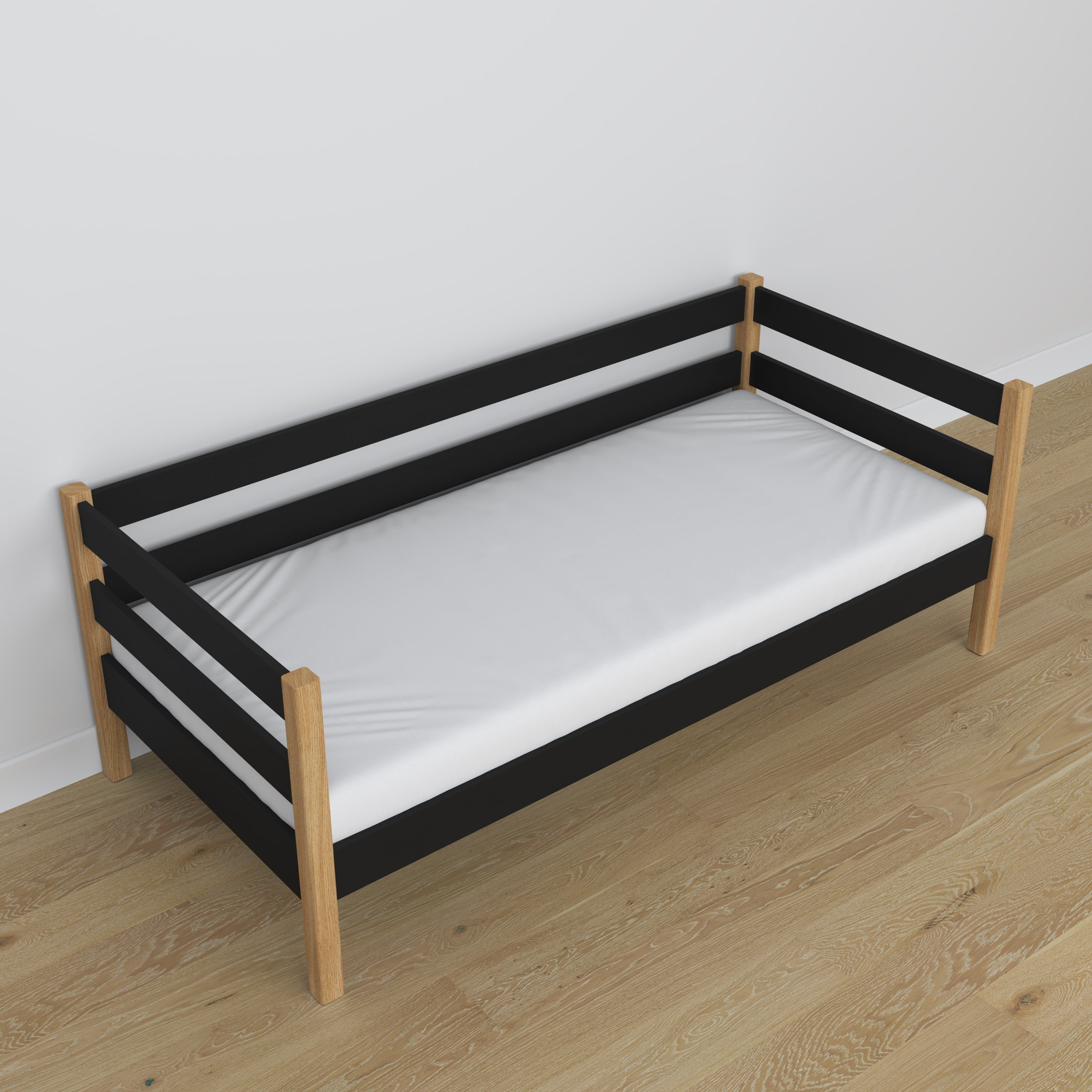 Łóżko sofa czarno-dębowy z drewna – wymiary i schemat, Nizio