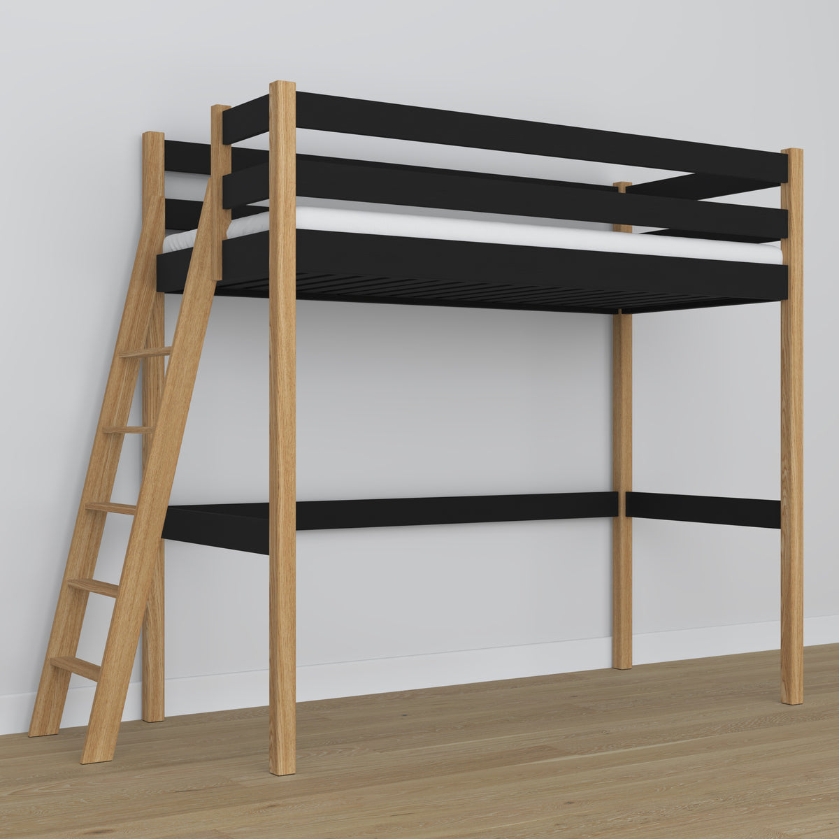 Loft bed black/oak wooden – dimensions and diagram, Nizio