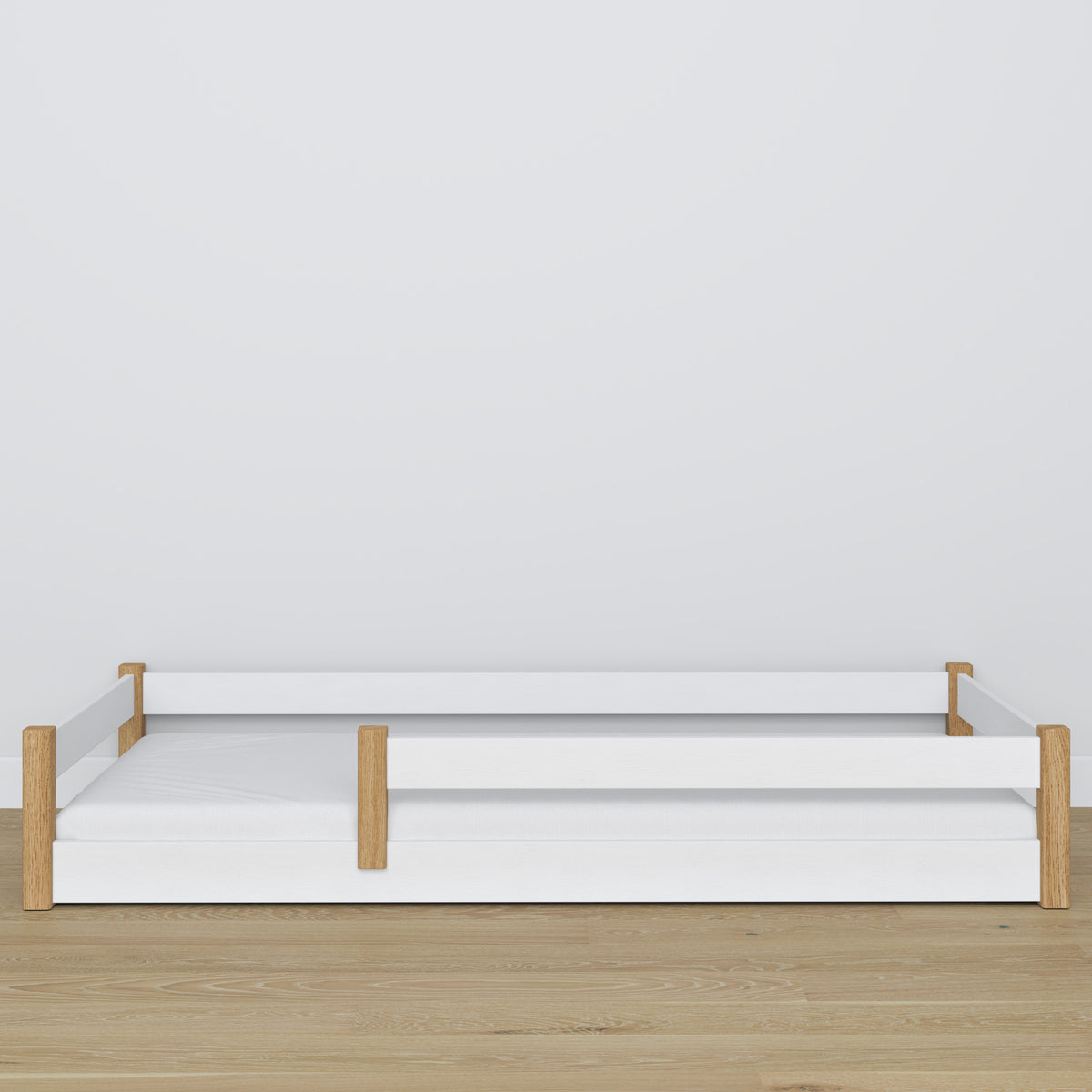 Low Bed Wooden White and Oak – Angled View, Bedroom