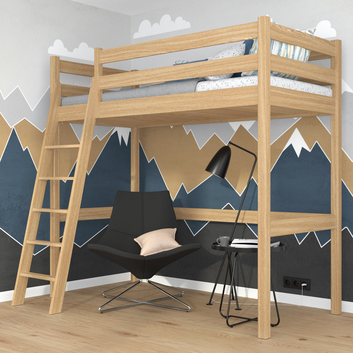 Natural Oak Loft Bed – Free Space Under the Sleeping Area, Nizio