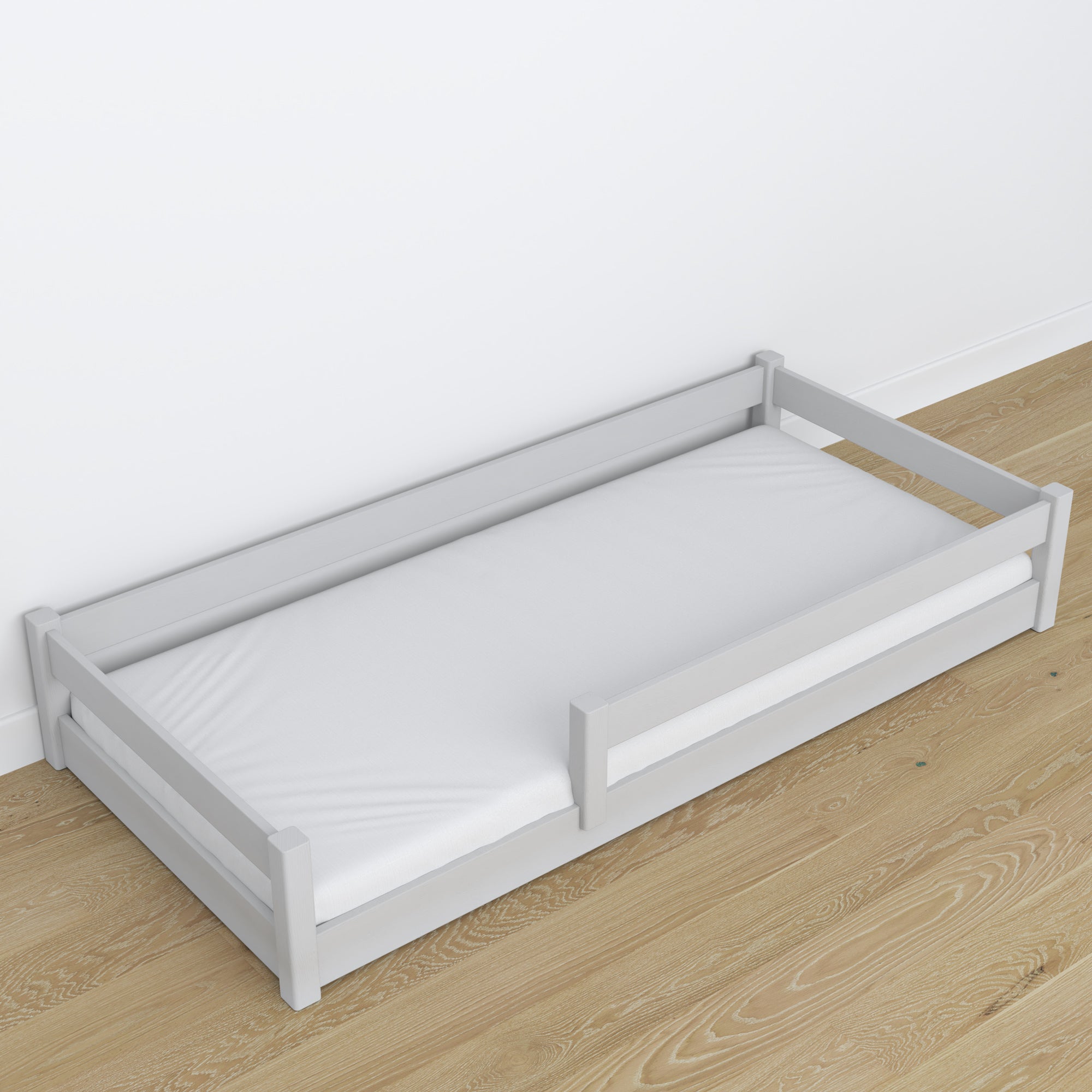 Low Bed Grey in Bedroom – Scandinavian Arrangement, Wooden