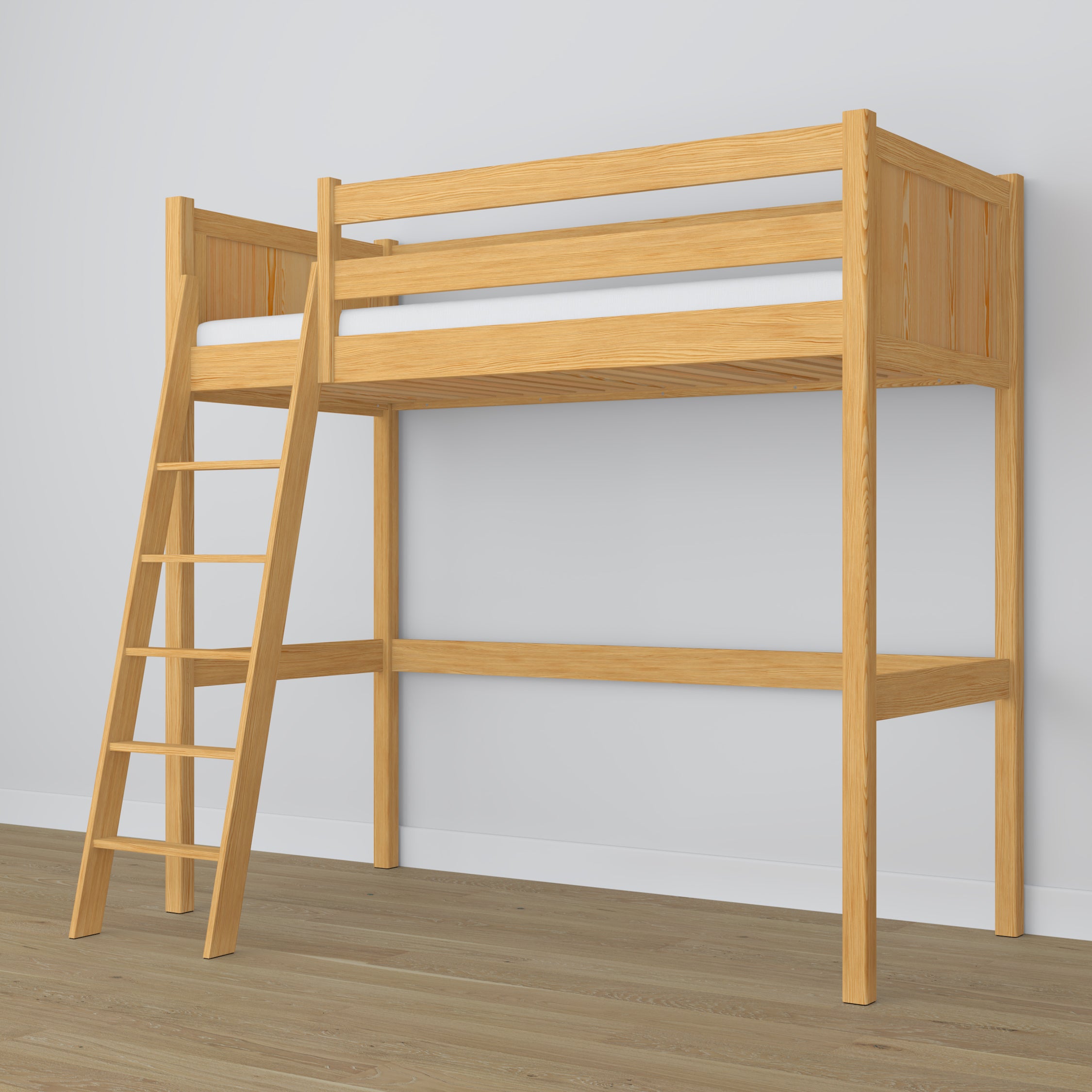 Loft bed natural pine in children’s room – scandi arrangement, wooden