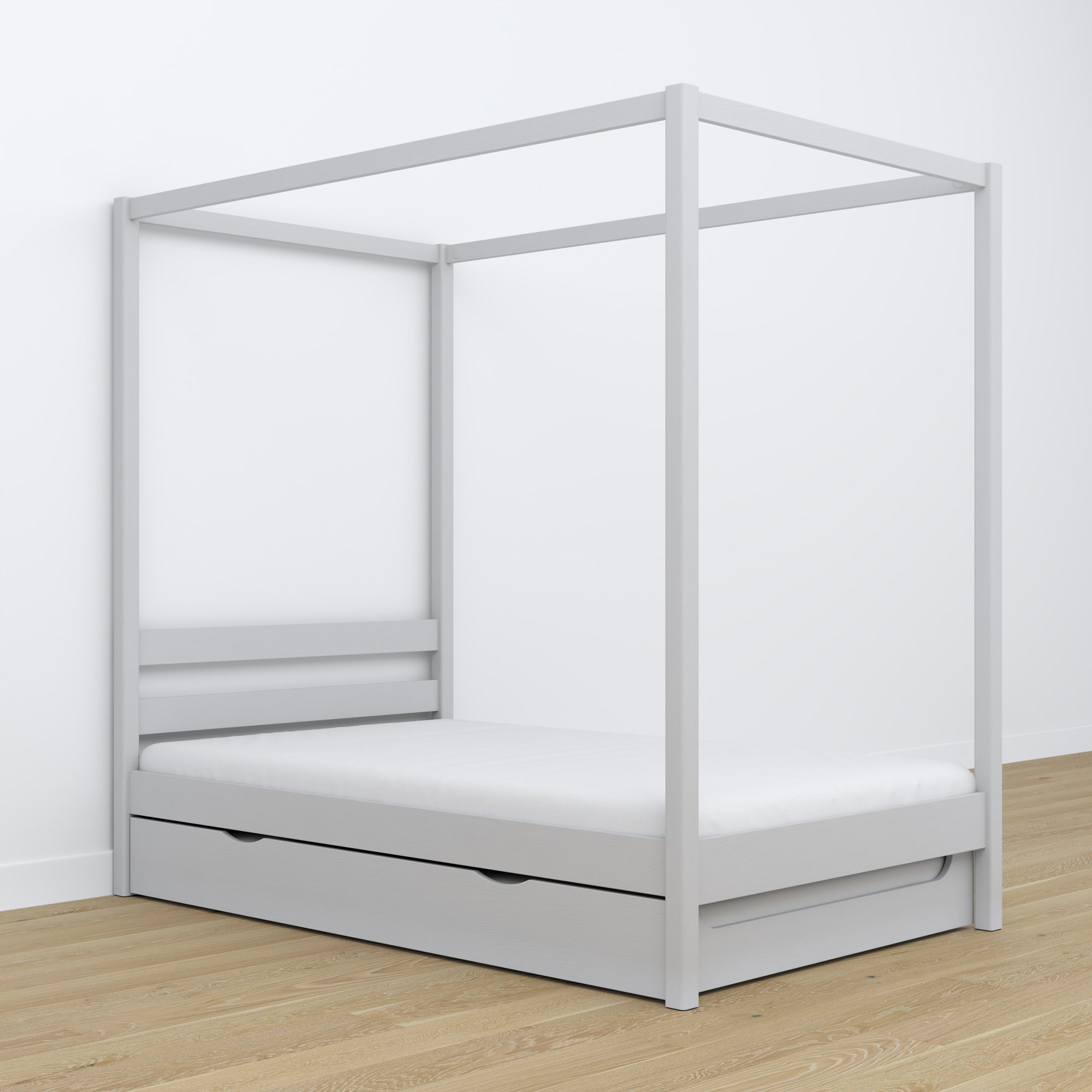 Wooden grey canopy bed – extended drawer, guest sleeping space