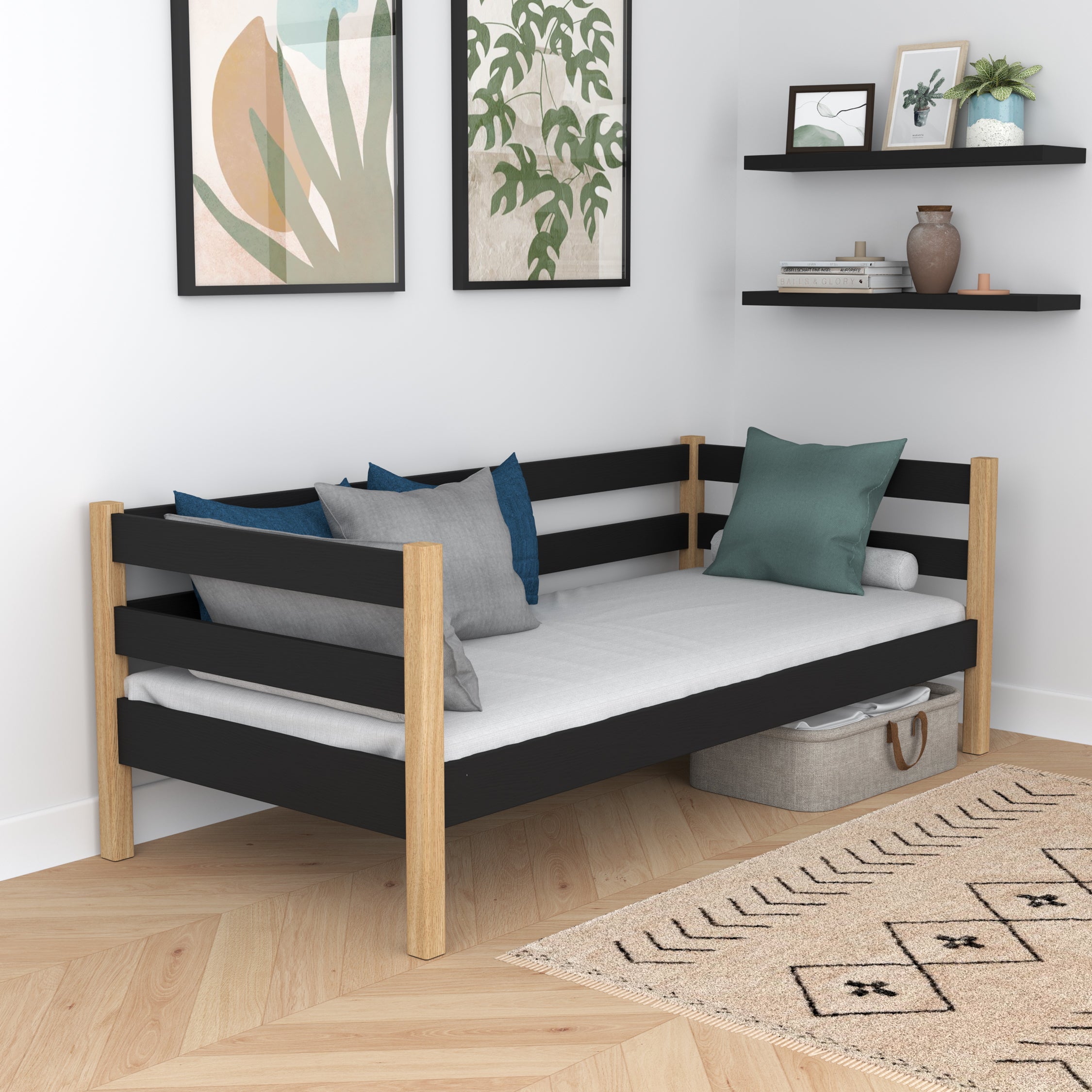 Łóżko sofa czarno-dębowy – boczna bariera drewniane, bezpieczeństwo dla dzieci