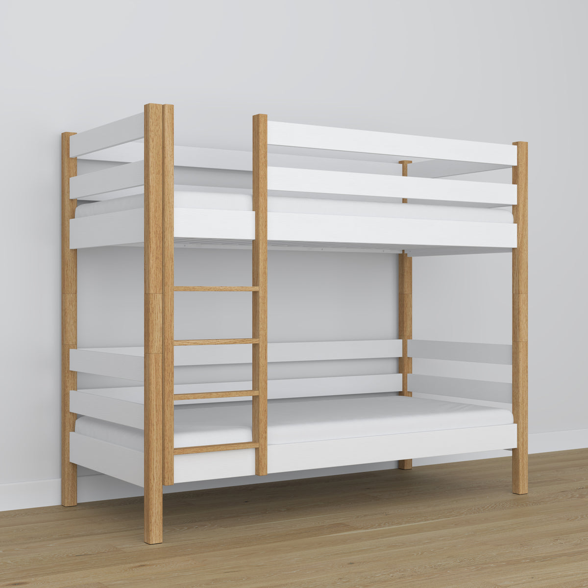 White and Oak Wooden Bunk Bed – Close-up of Joints and Wood Details