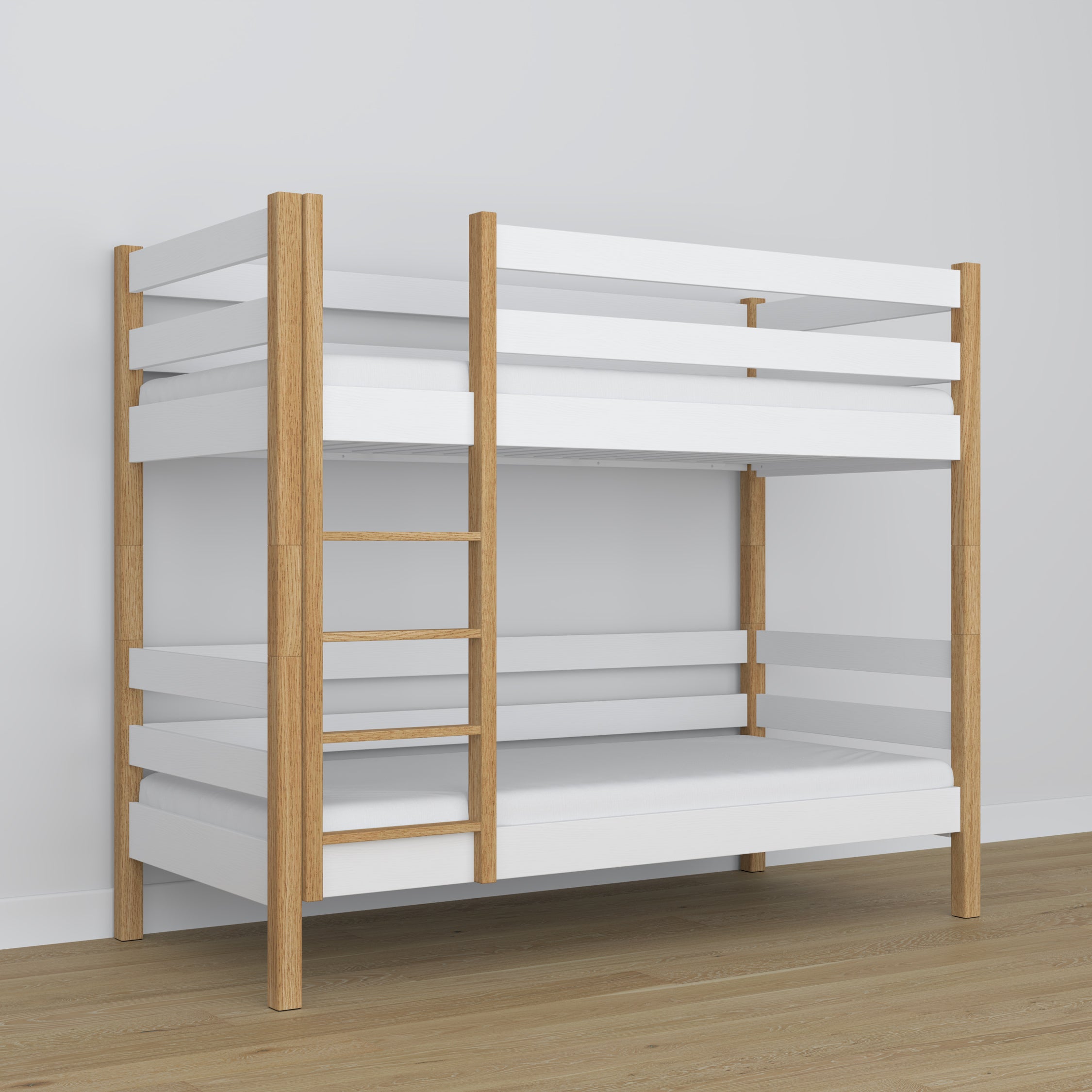 White and Oak Wooden Bunk Bed – Close-up of Joints and Wood Details