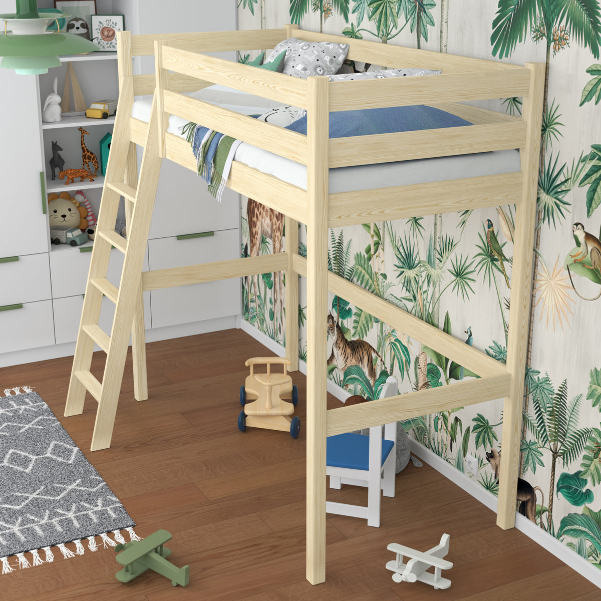 Clear Pine Wooden Loft Bed – Free Space Under the Sleeping Area, Nizio