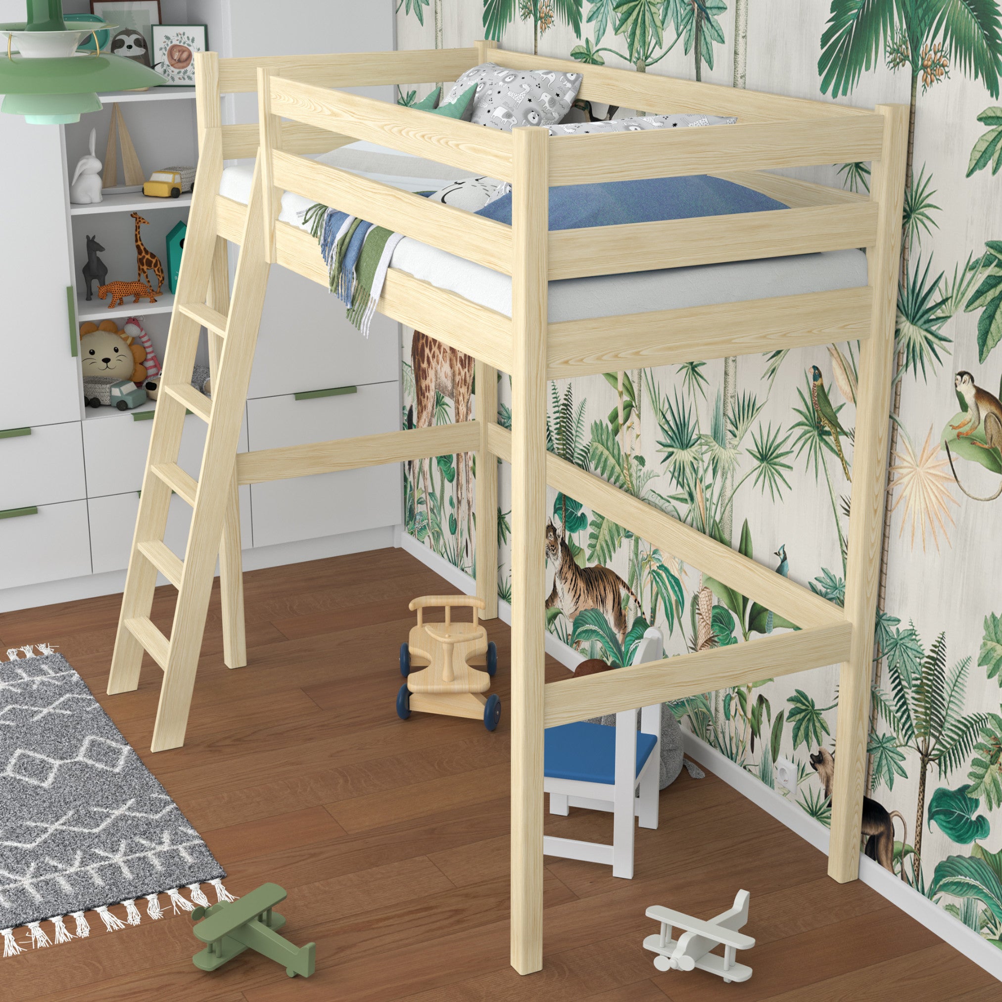 Clear Pine Wooden Loft Bed – Free Space Under the Sleeping Area, Nizio