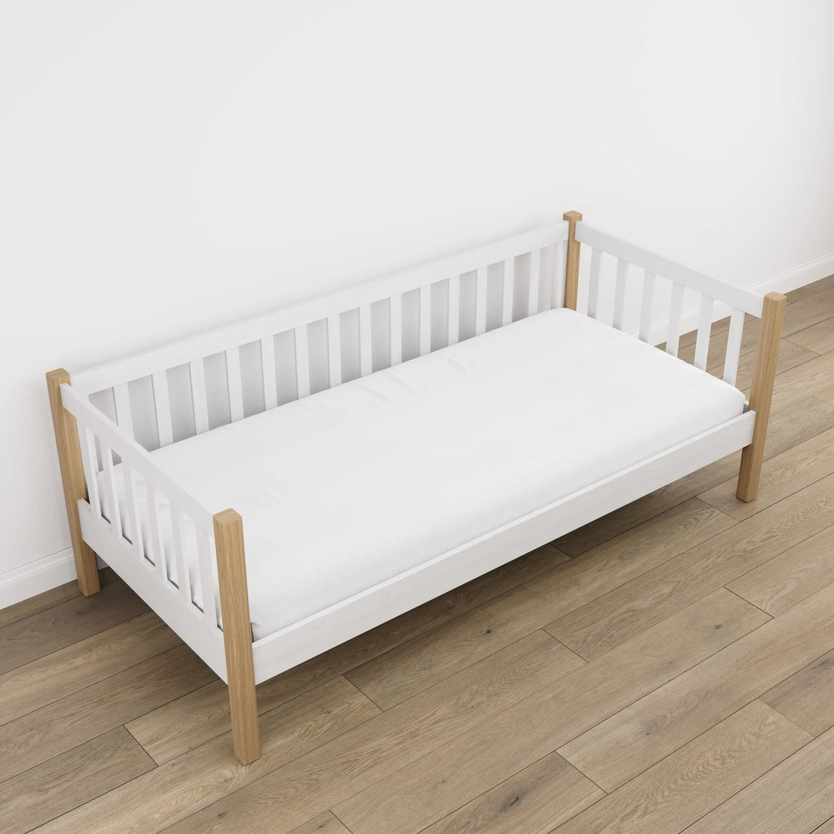 Sofa bed white with oak in a children’s room – scandi arrangement, wooden