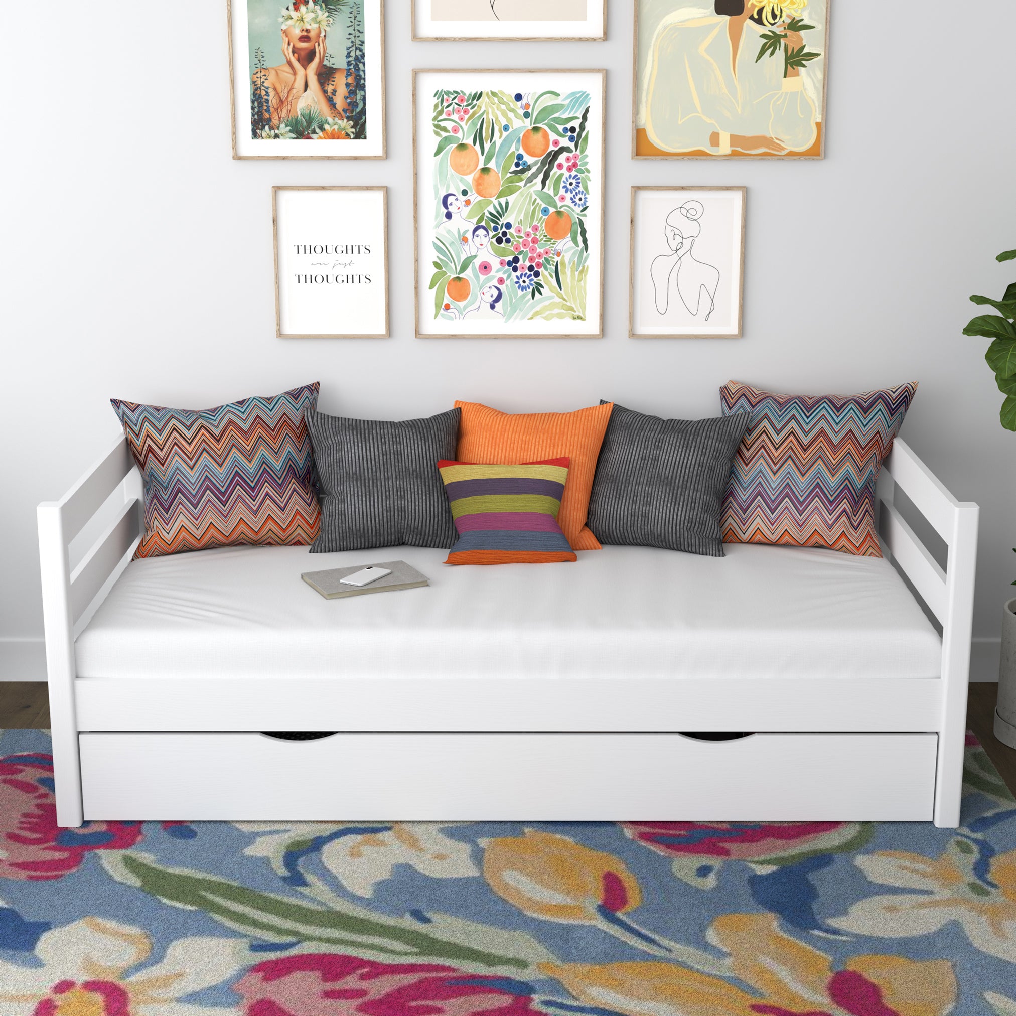 Sofa bed white – wooden side barrier, side view, Nizio
