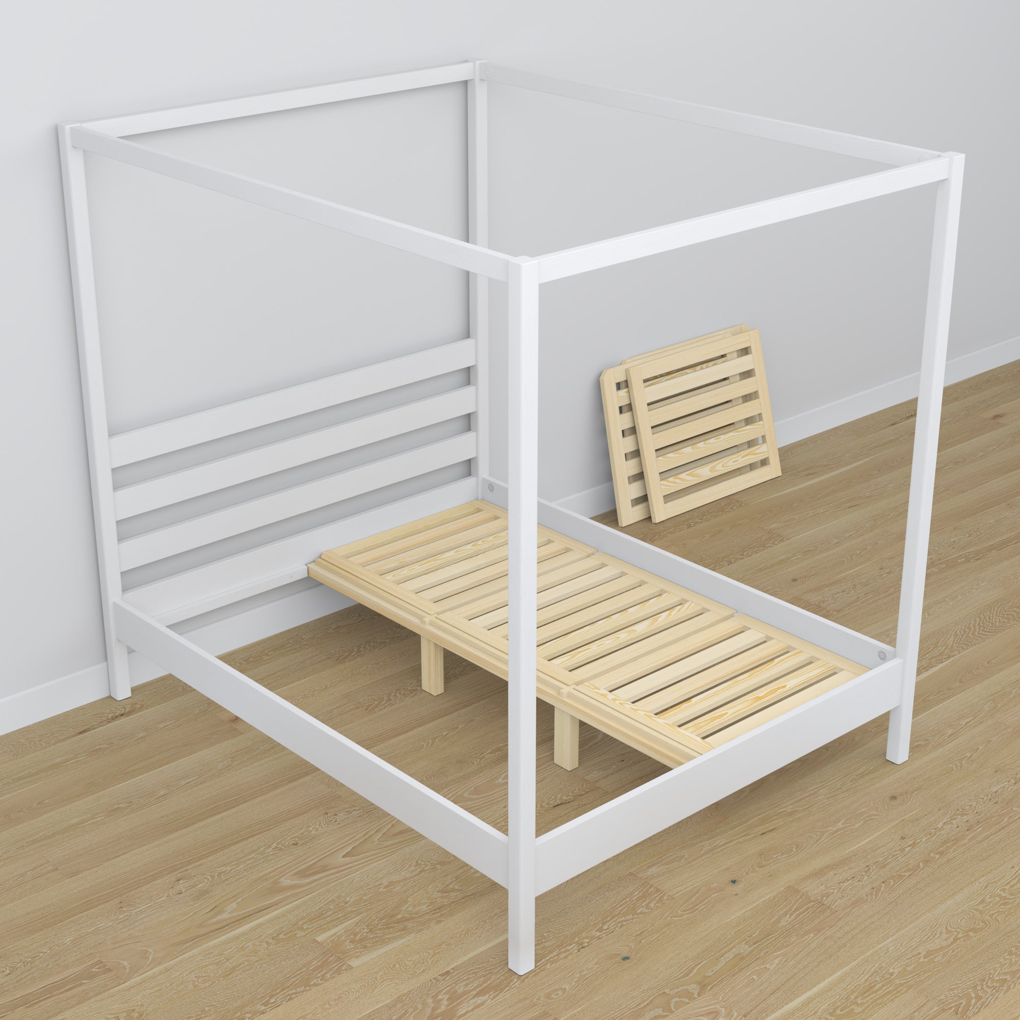 White canopy bed made of wood – side view, scandi style