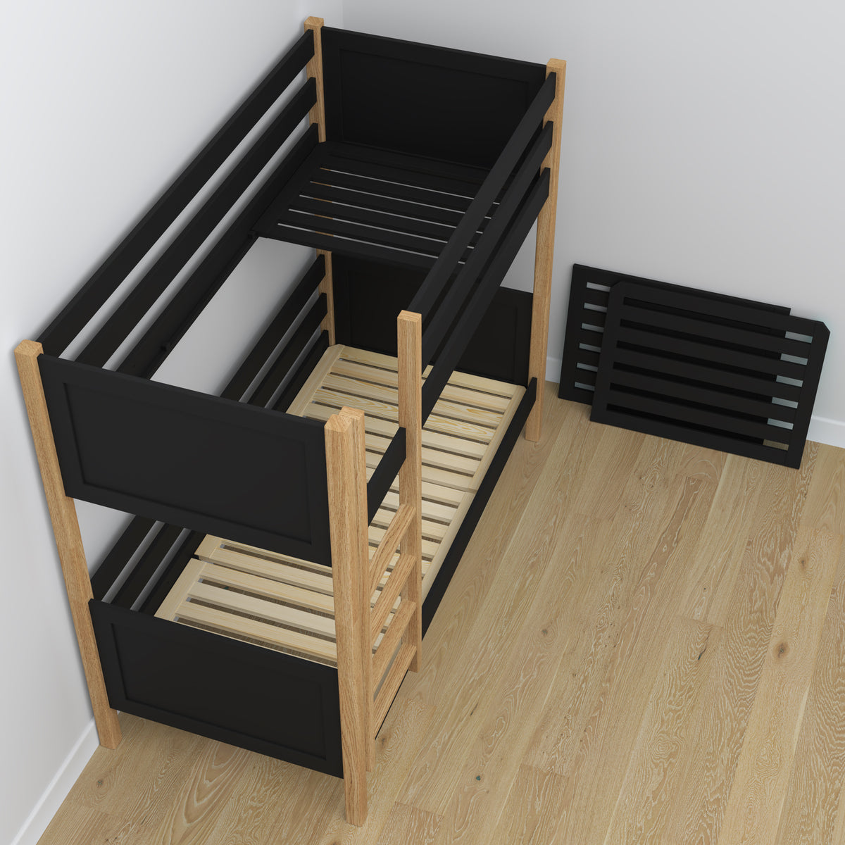 Black and Oak Wooden Bunk Bed with Drawer – Scandinavian Design, Nizio
