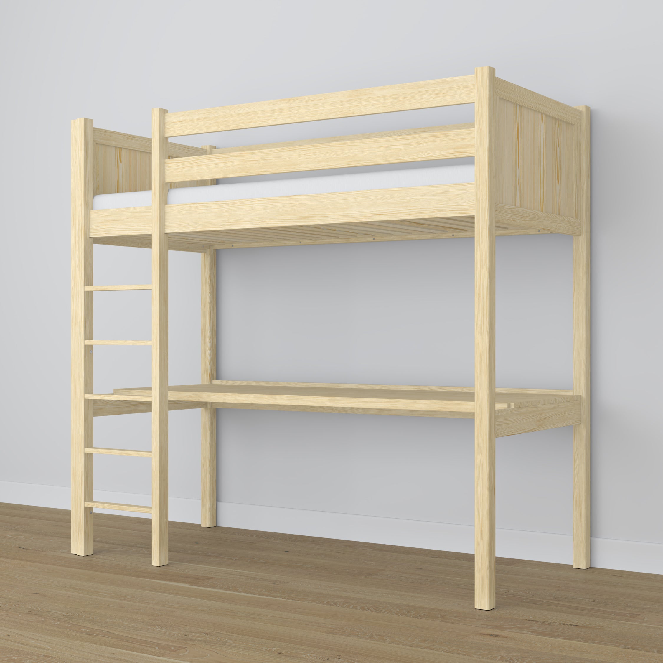 Clear Pine Wooden Loft Bed with Desk – Ladder and Safety Rail