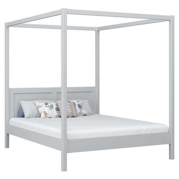 Wooden double bed with canopy grey – bedroom, Scandinavian style