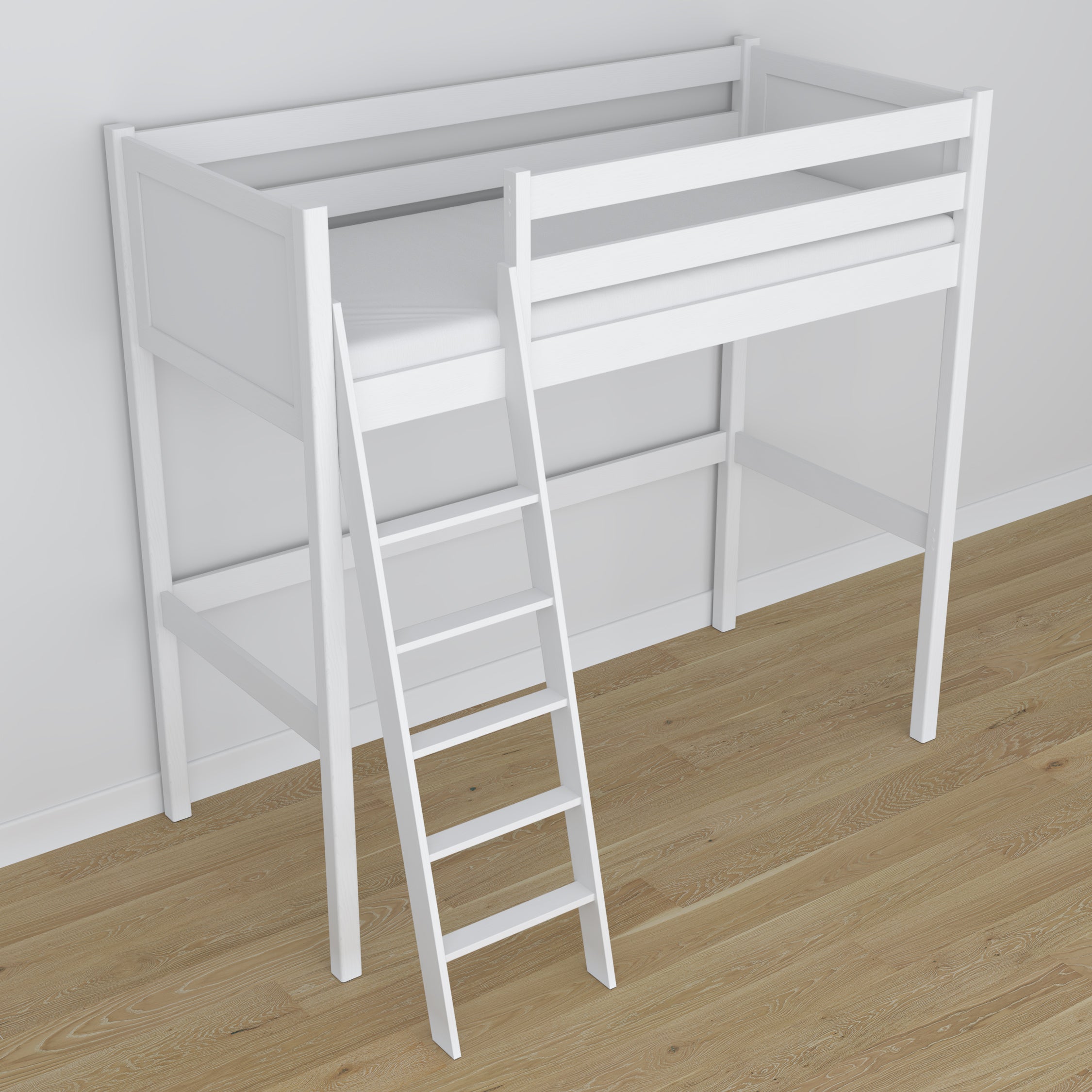 Loft bed white wooden – top view of the sleeping area