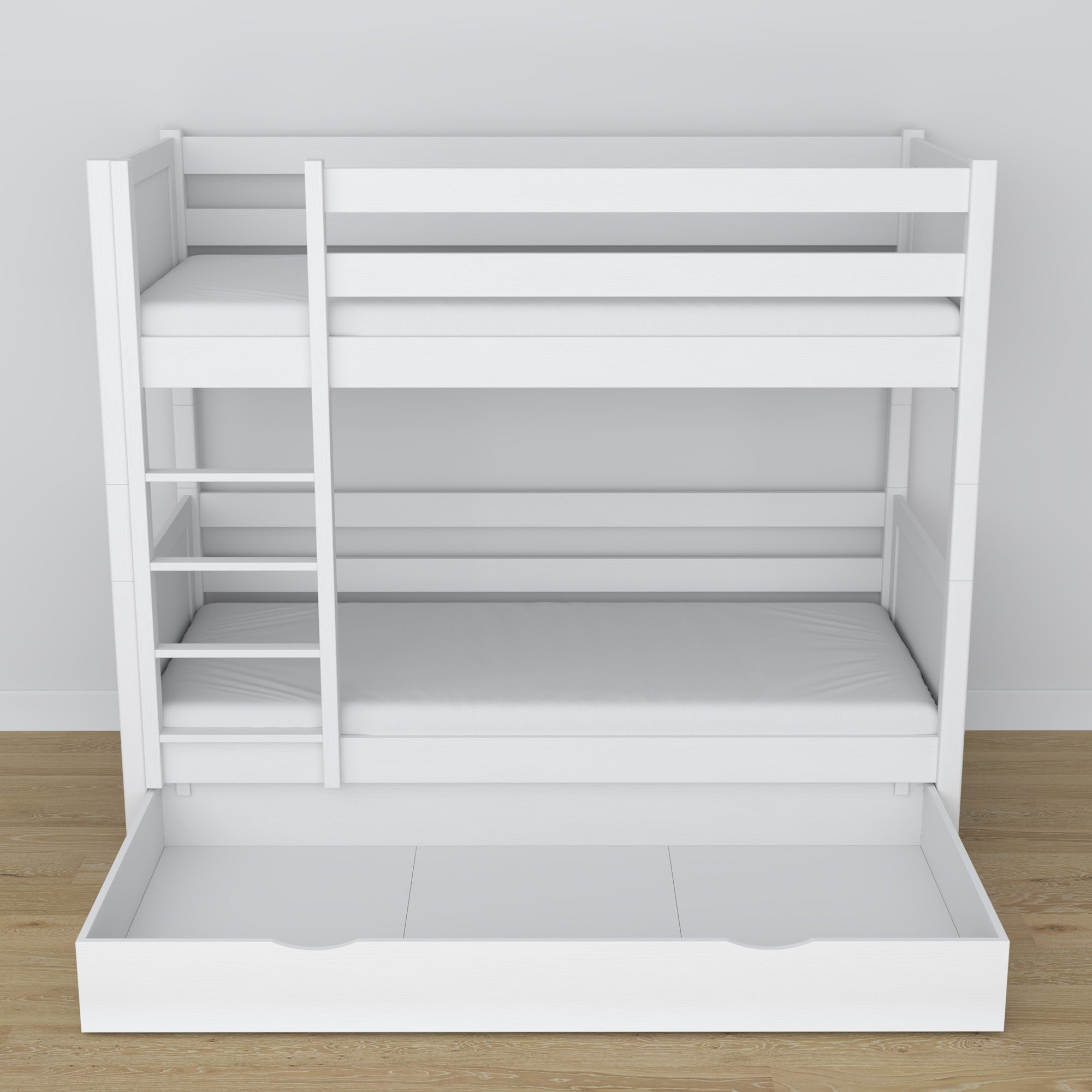 White Bunk Bed – Wooden Slatted Frame, Side View