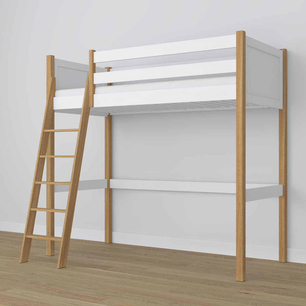 White and Oak Wooden Loft Bed – Slatted Frame, Side View