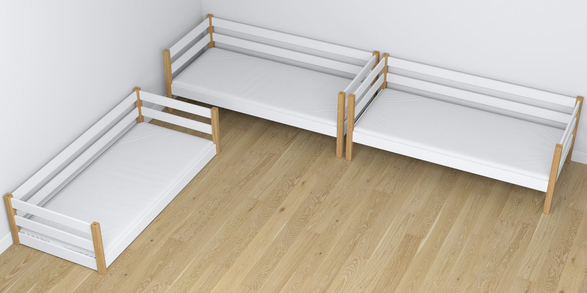 Triple bunk bed wooden white with oak – close-up of joints and construction details