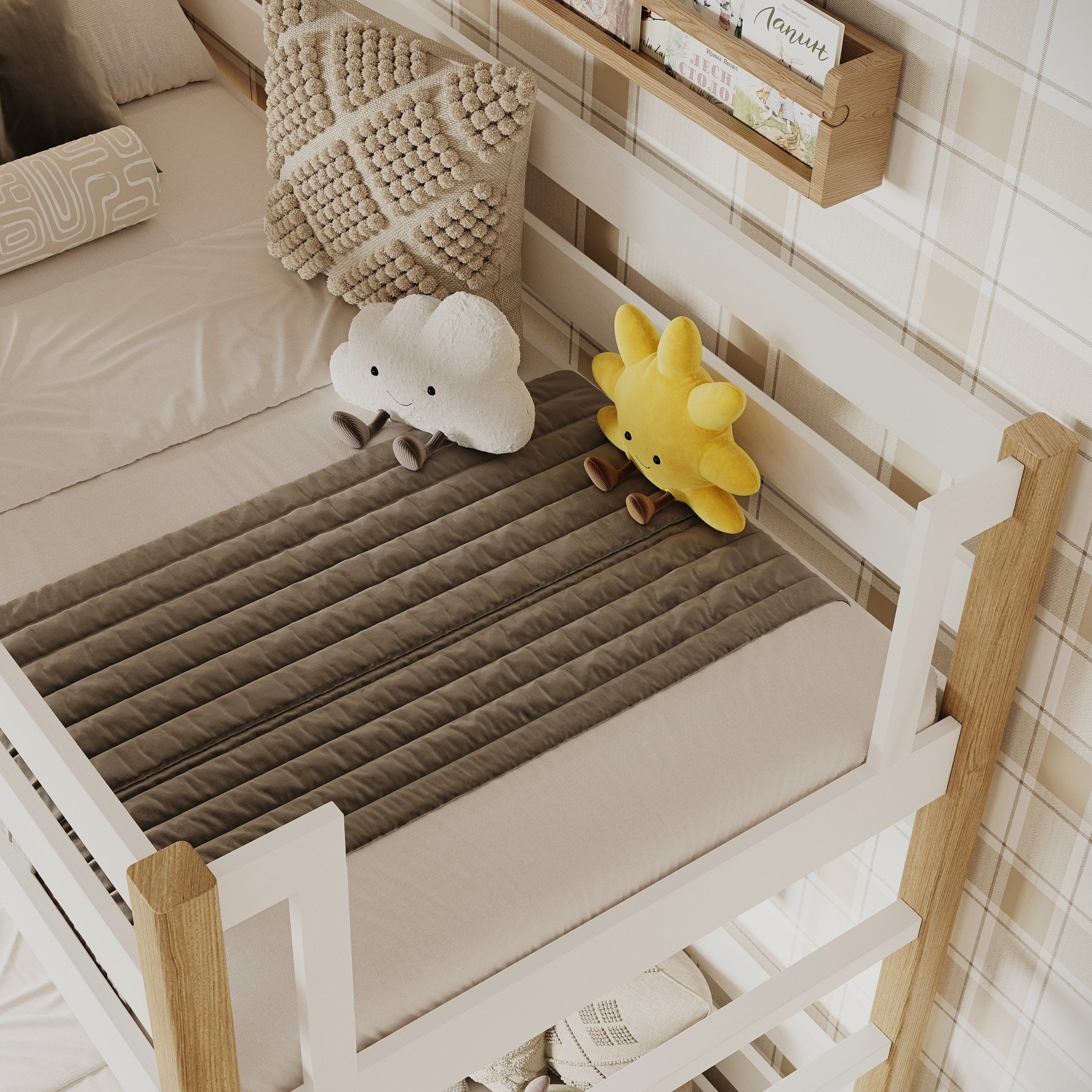 White and Oak Wooden Bunk Bed – Ladder and Joint Details, Children’s Room
