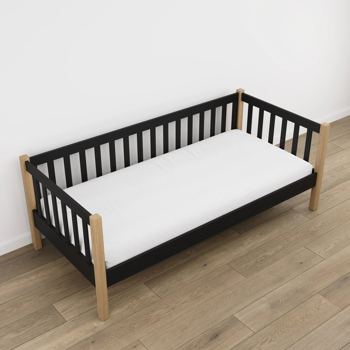 Sofa bed black with oak – wooden legs and base, close-up of details