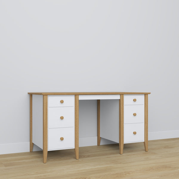 Desk 6S white with oak – wooden, wide tabletop, front view, Nizio