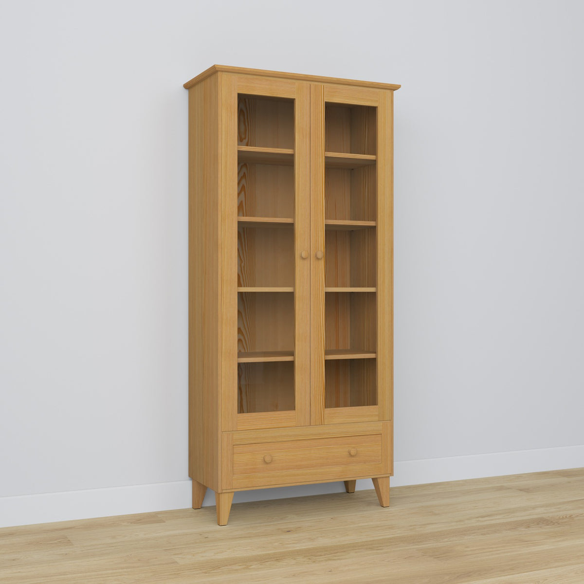 Display cabinet 1S 90 natural pine – pine, glass door, front view