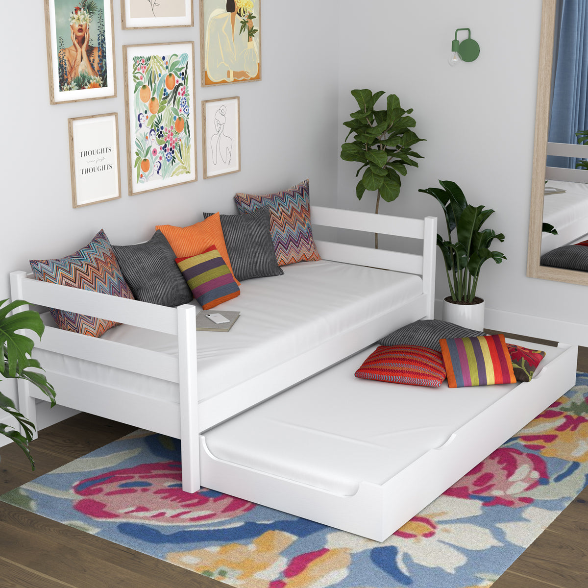 Sofa bed wooden white – mattress drawer pulled out, for guests