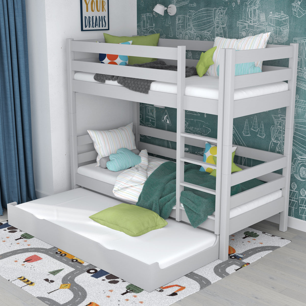 Grey Bunk Bed for Children – Mattress Drawer, Wooden, Nizio