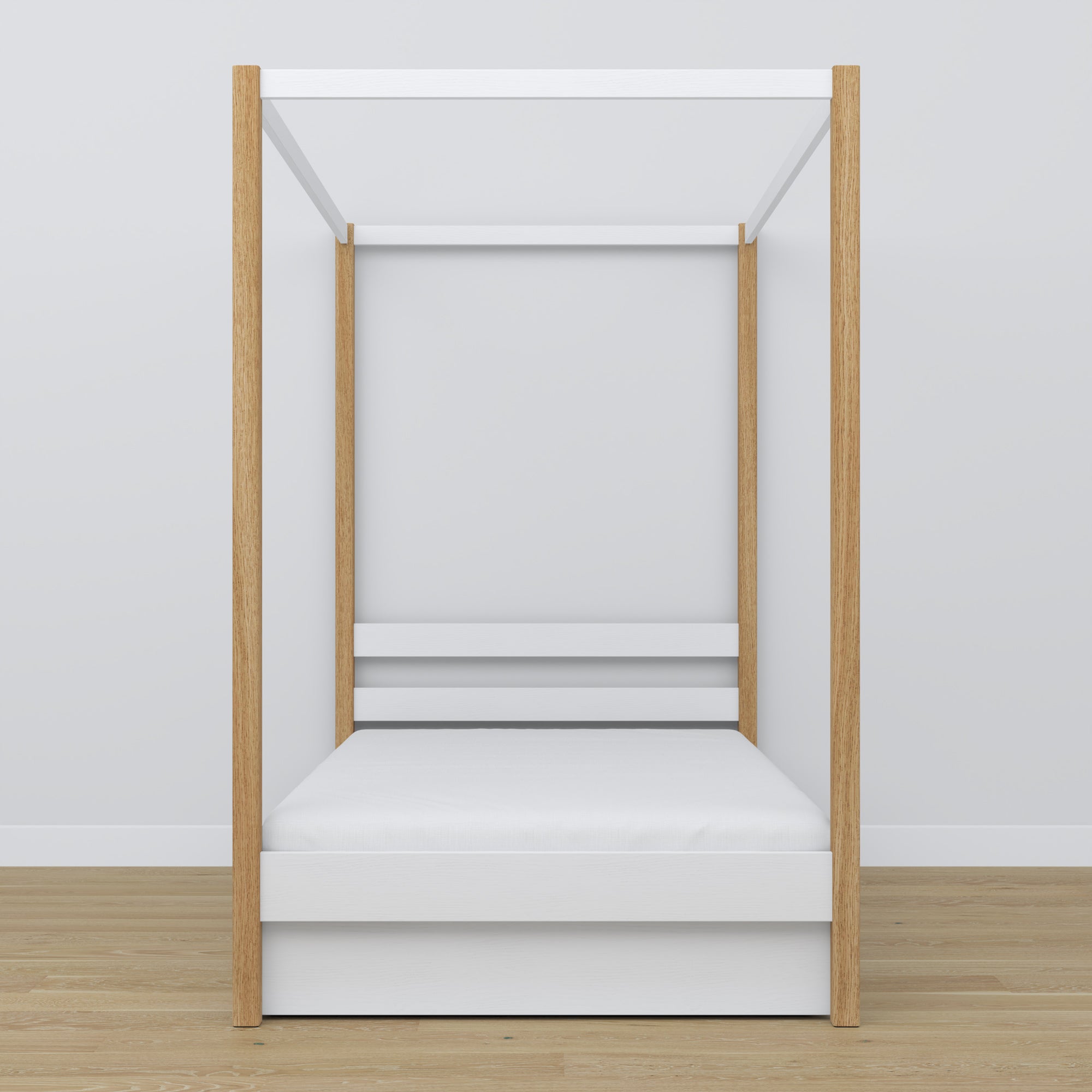Bed white/oak canopy bed – open drawer, wooden, Nizio Home