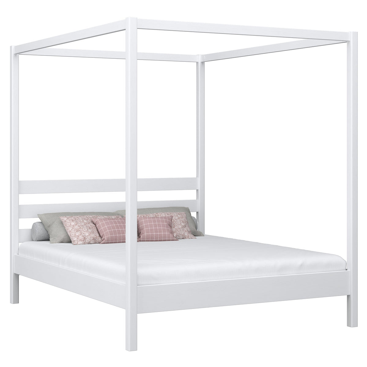 Double bed with canopy white – wooden slatted frame and slats, Nizio