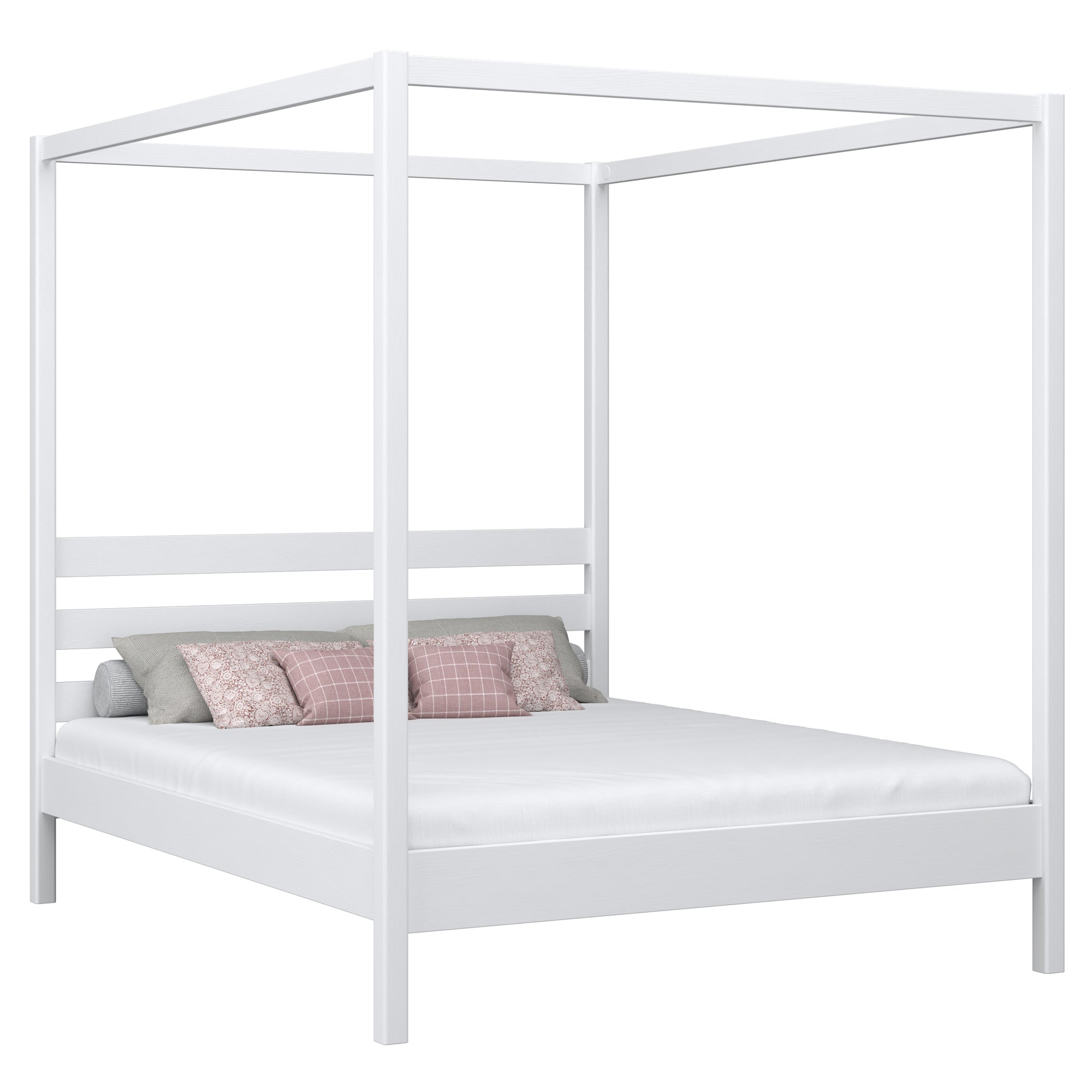 Double bed with canopy white – wooden slatted frame and slats, Nizio