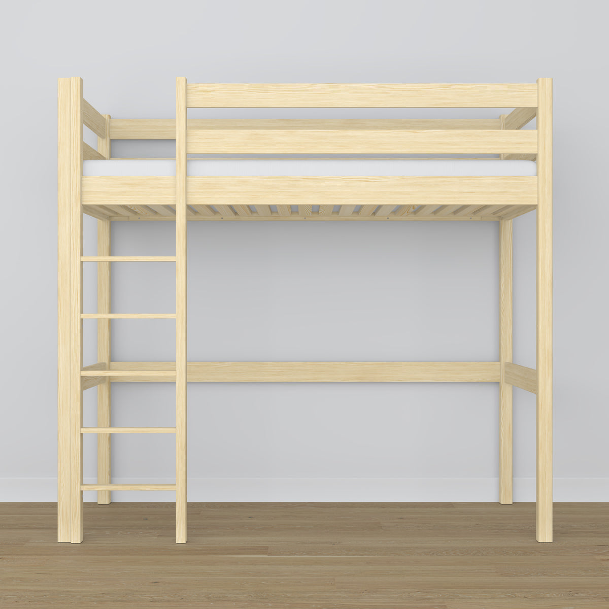 Loft bed clear pine – wooden ladder and safety rail, Nizio Home