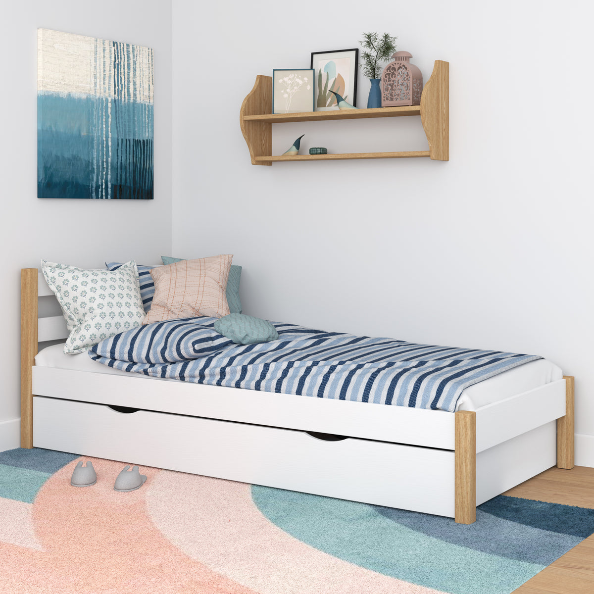 Wooden bed with drawer white-oak – open drawer, storage interior