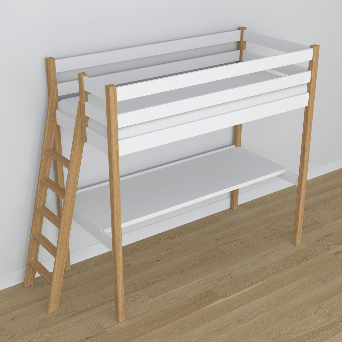 White and Oak Wooden Loft Bed with Desk – Ladder and Joint Details