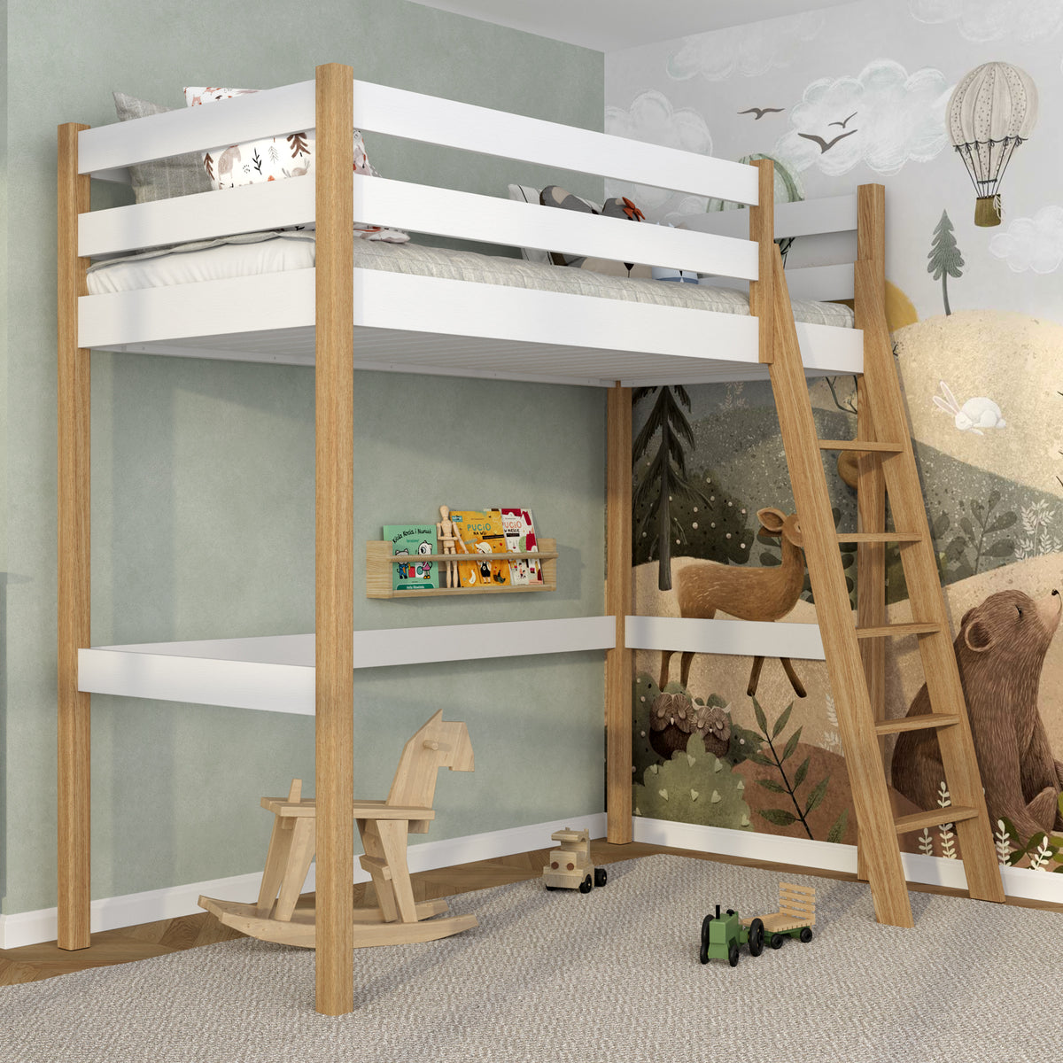 White and Oak Wooden Loft Bed – Free Space Under the Sleeping Area, Nizio