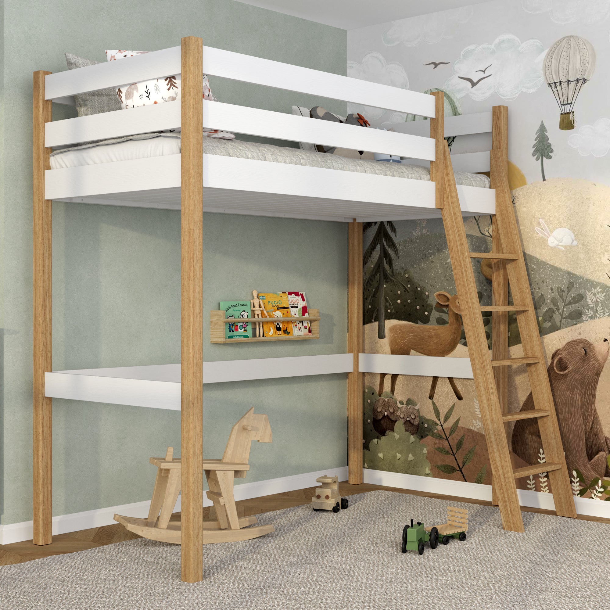 White and Oak Wooden Loft Bed – Free Space Under the Sleeping Area, Nizio