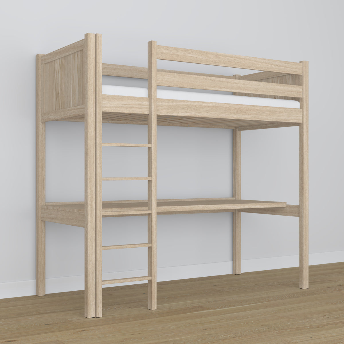 Loft bed bleached oak – oak desk under the sleeping area, scandi children’s room