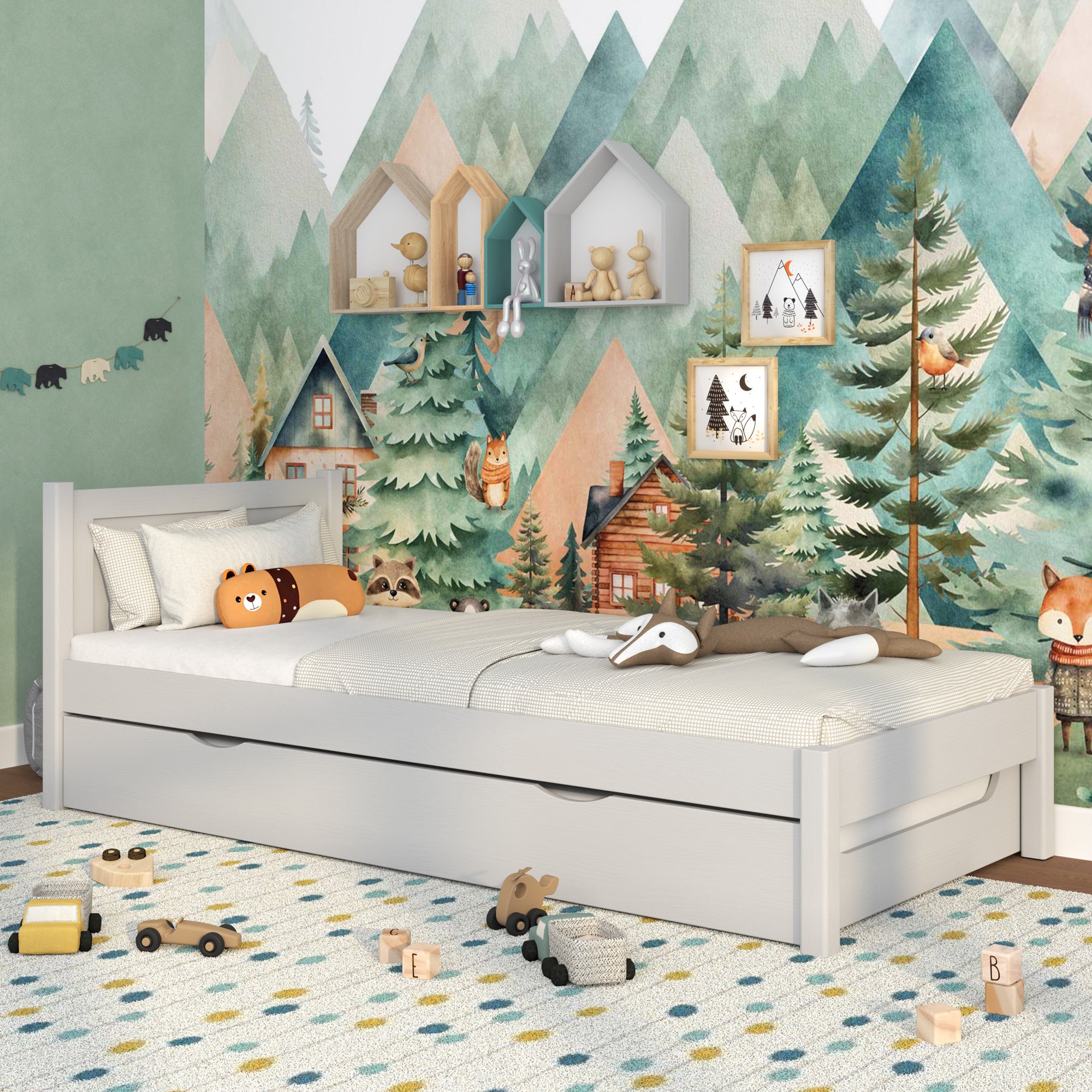 Bed grey with drawer for an extra mattress – wooden, for children Nizio