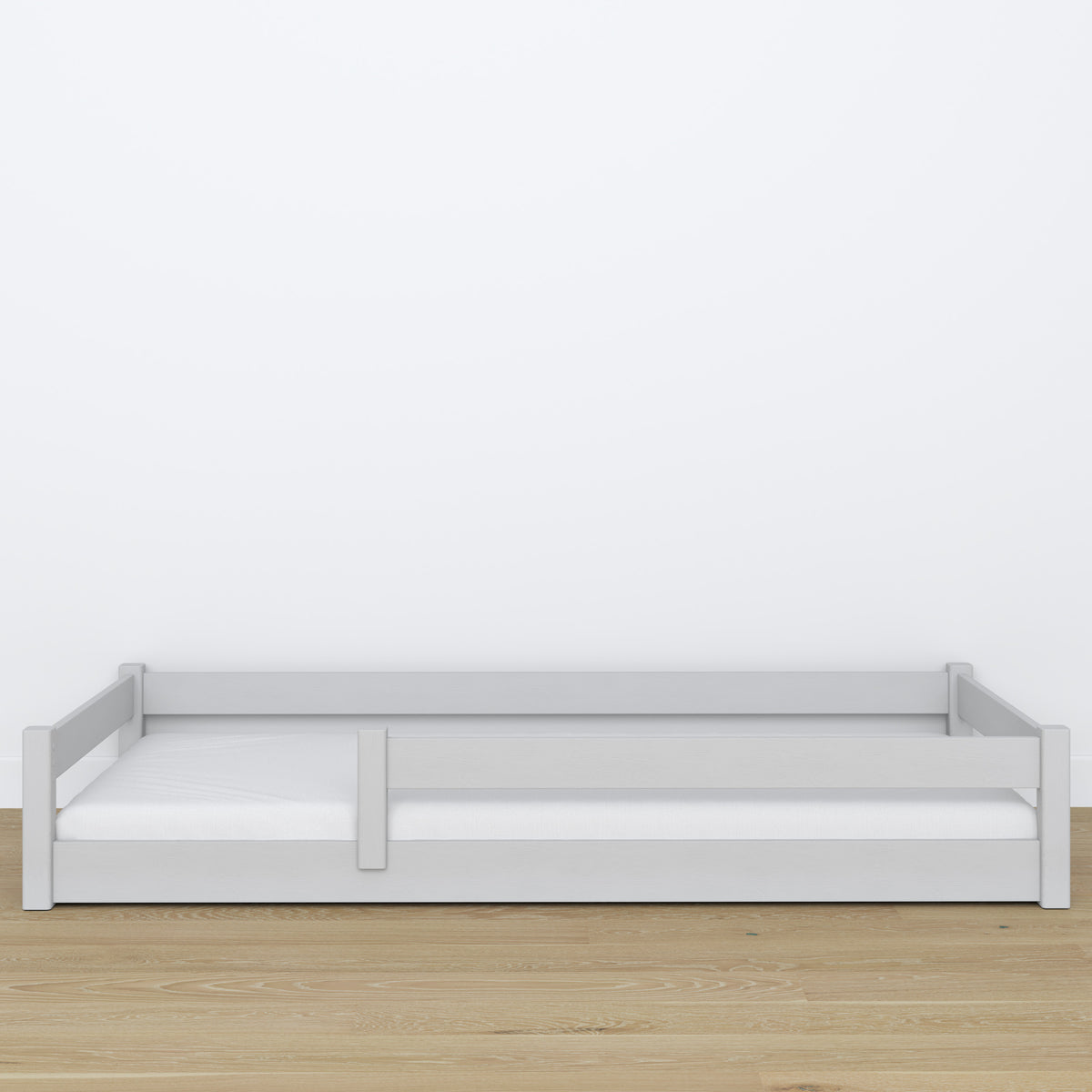 Low Bed Grey – Wooden Headboard, Close-up of Wood Quality