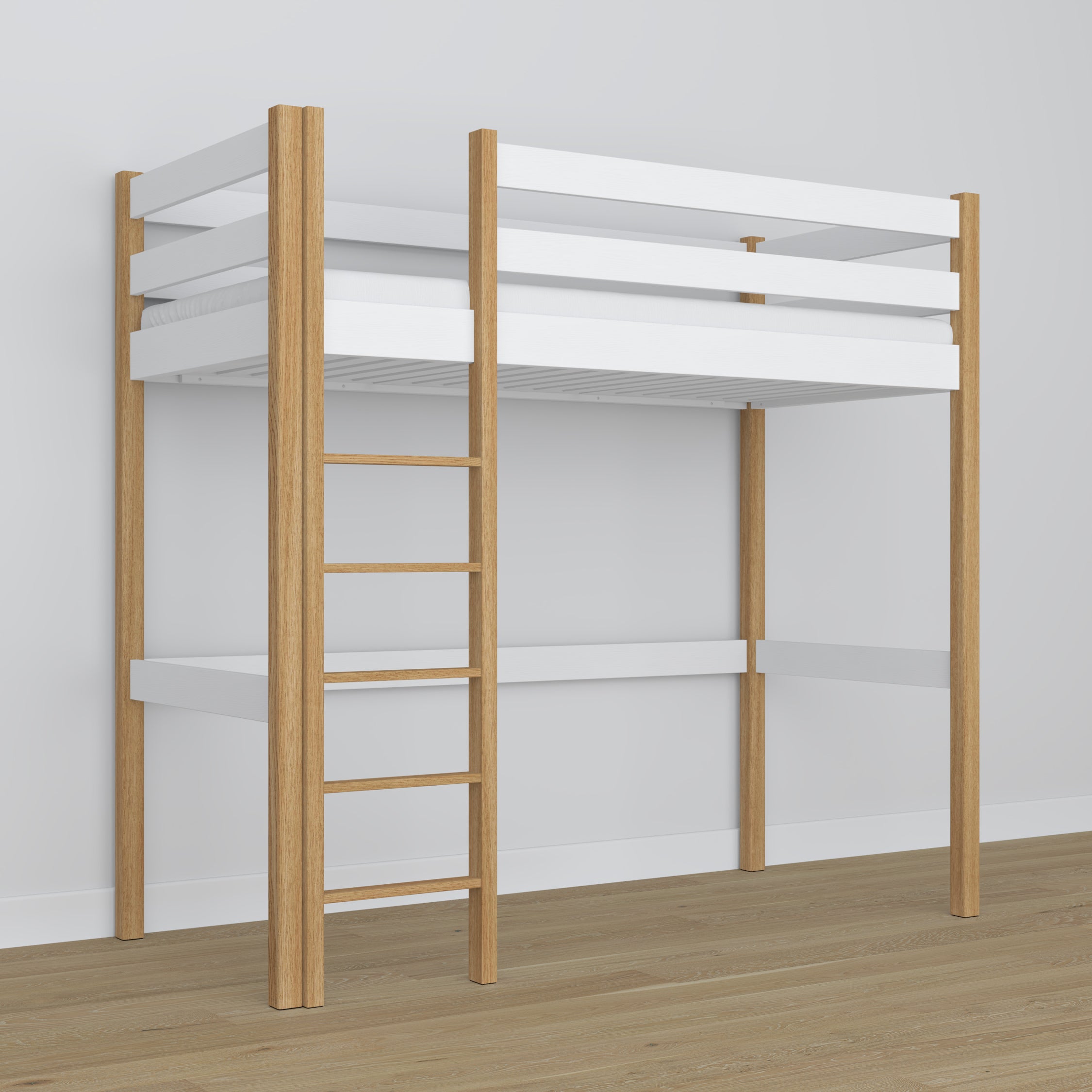 Loft bed white/oak wooden – top view of the sleeping area