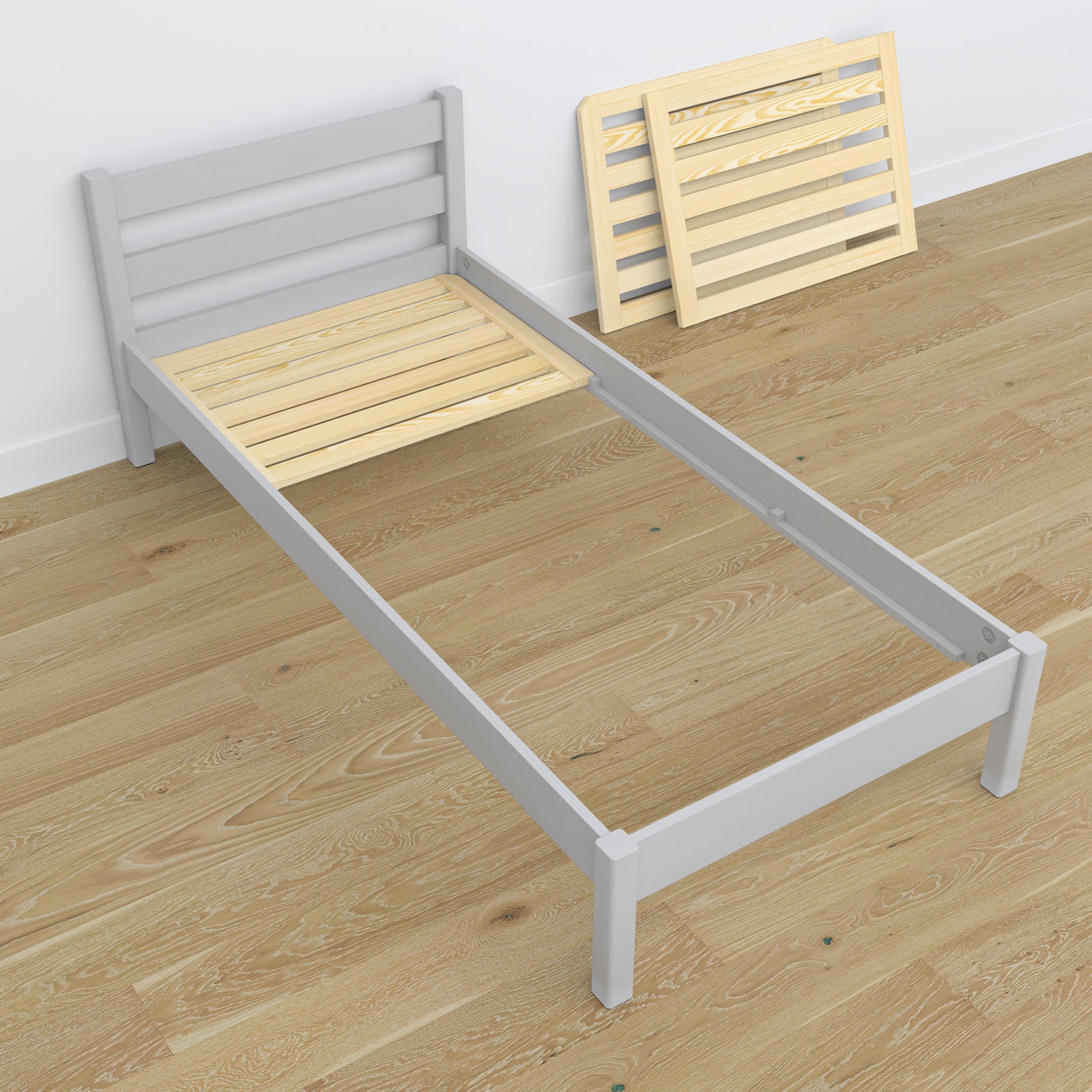 Wooden bed with drawer grey – headboard, close-up of wood quality