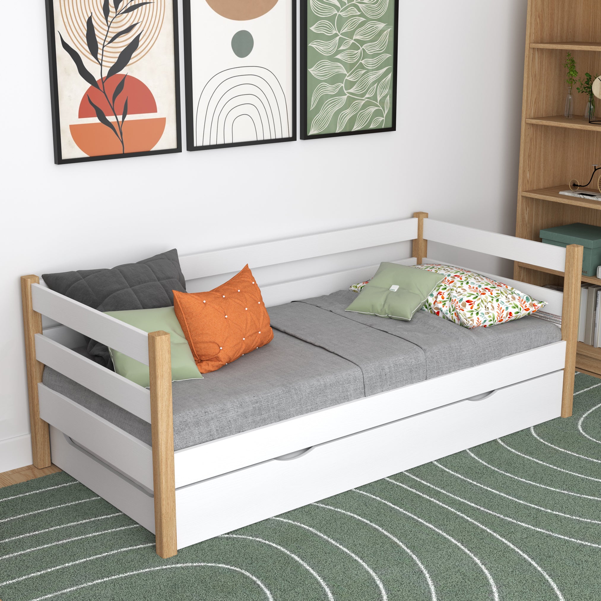 Sofa bed white-oak with mattress drawer – wooden, Nizio Home