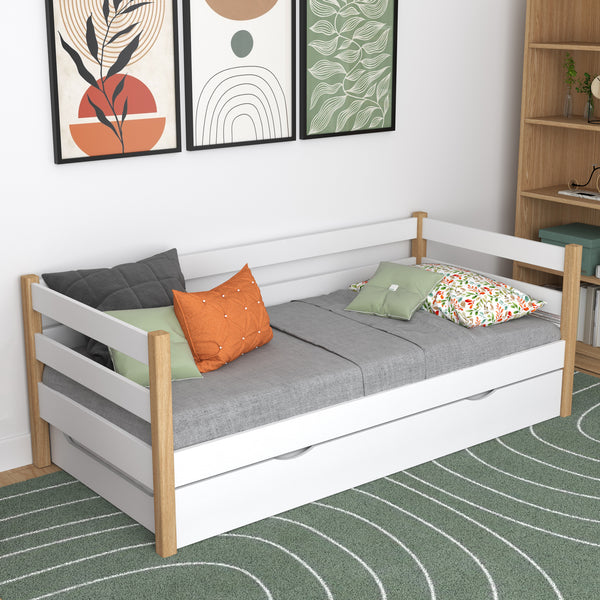 Łóżko sofa biało-dębowy z szufladą na materac – drewniane, Nizio Home