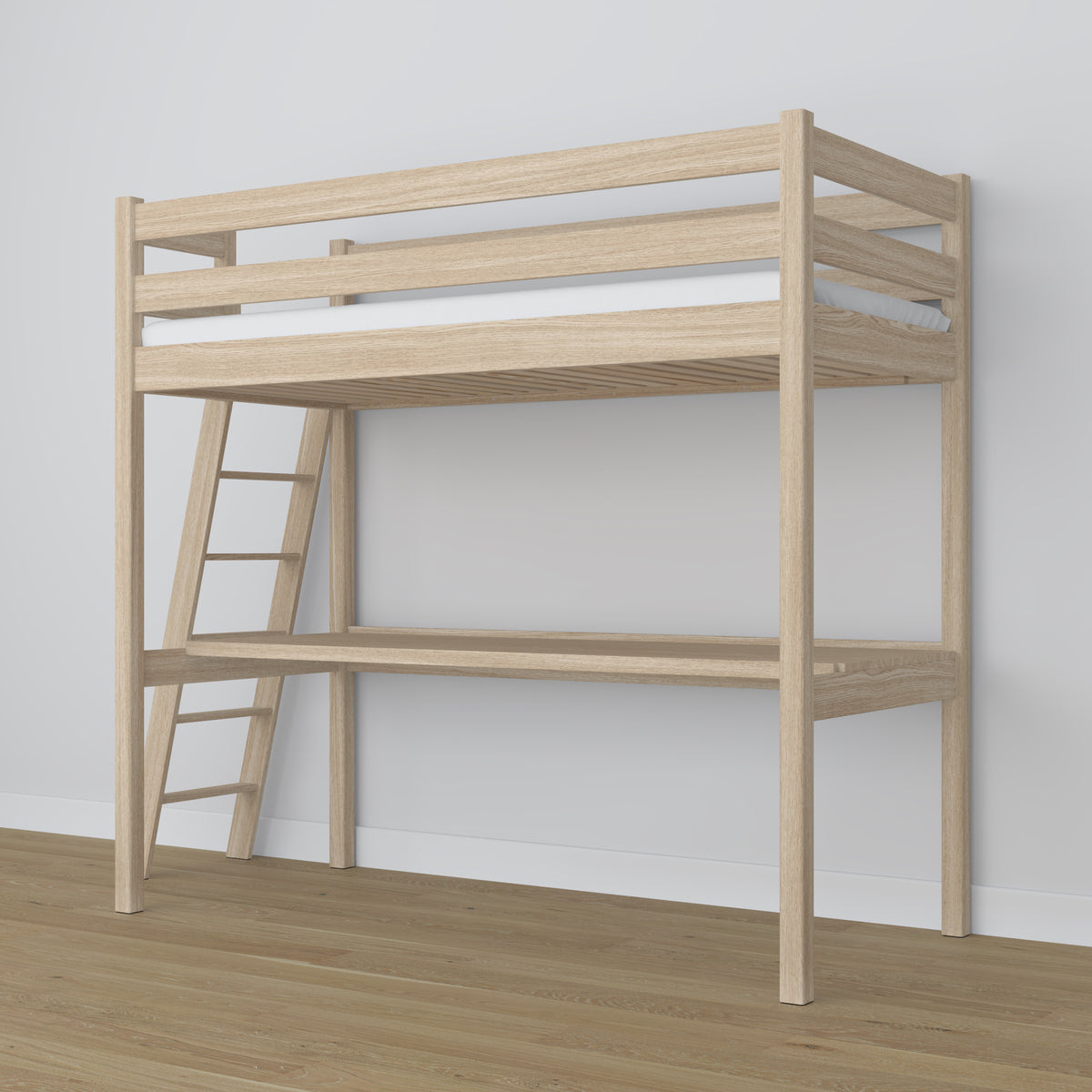Oak Loft Bed with Desk Bleached Oak – Ladder and Safety Rail