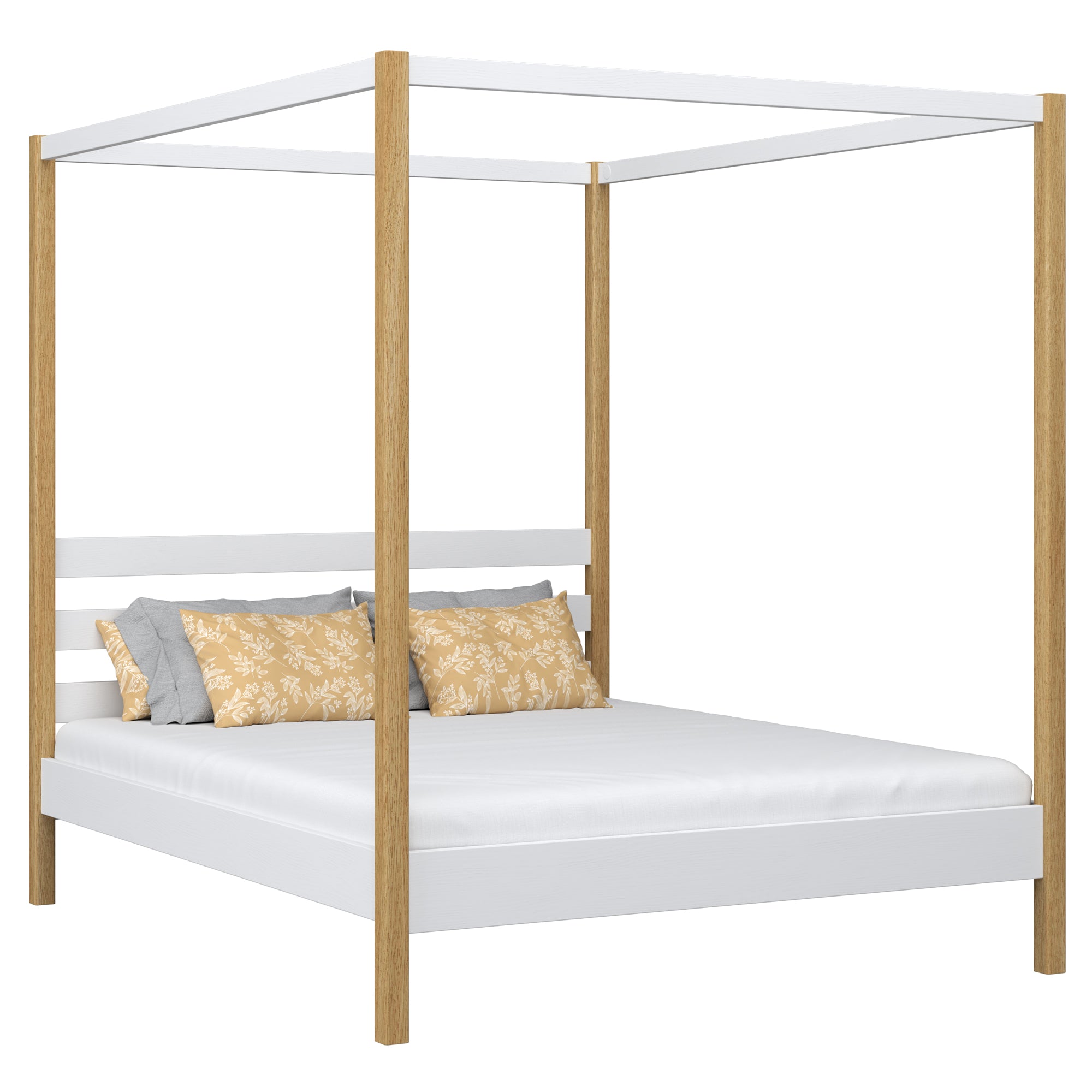 Wooden canopy double bed N01 white/oak – overall view, solid wood