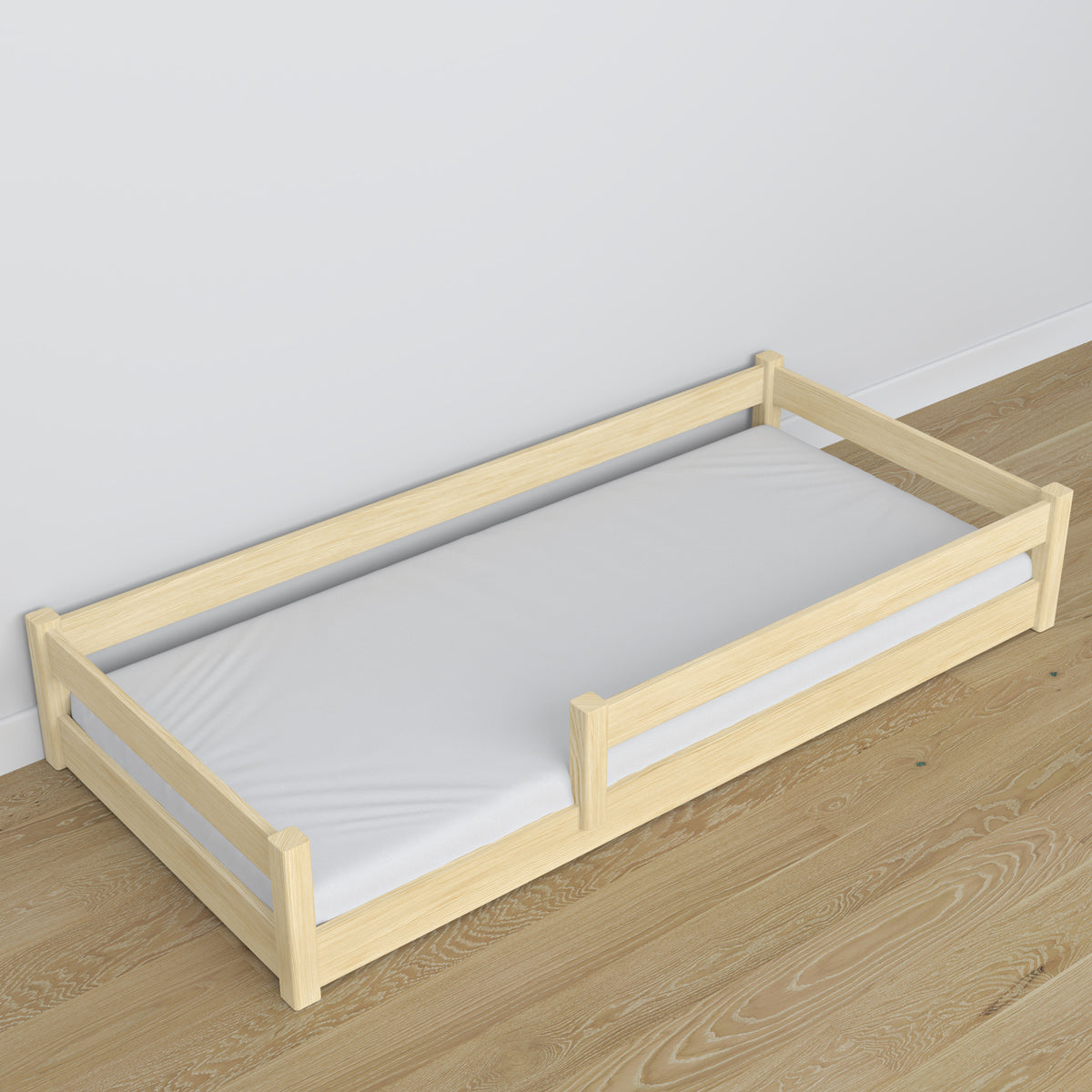 Low Bed Clear Pine in Bedroom – Scandinavian Arrangement, Wooden